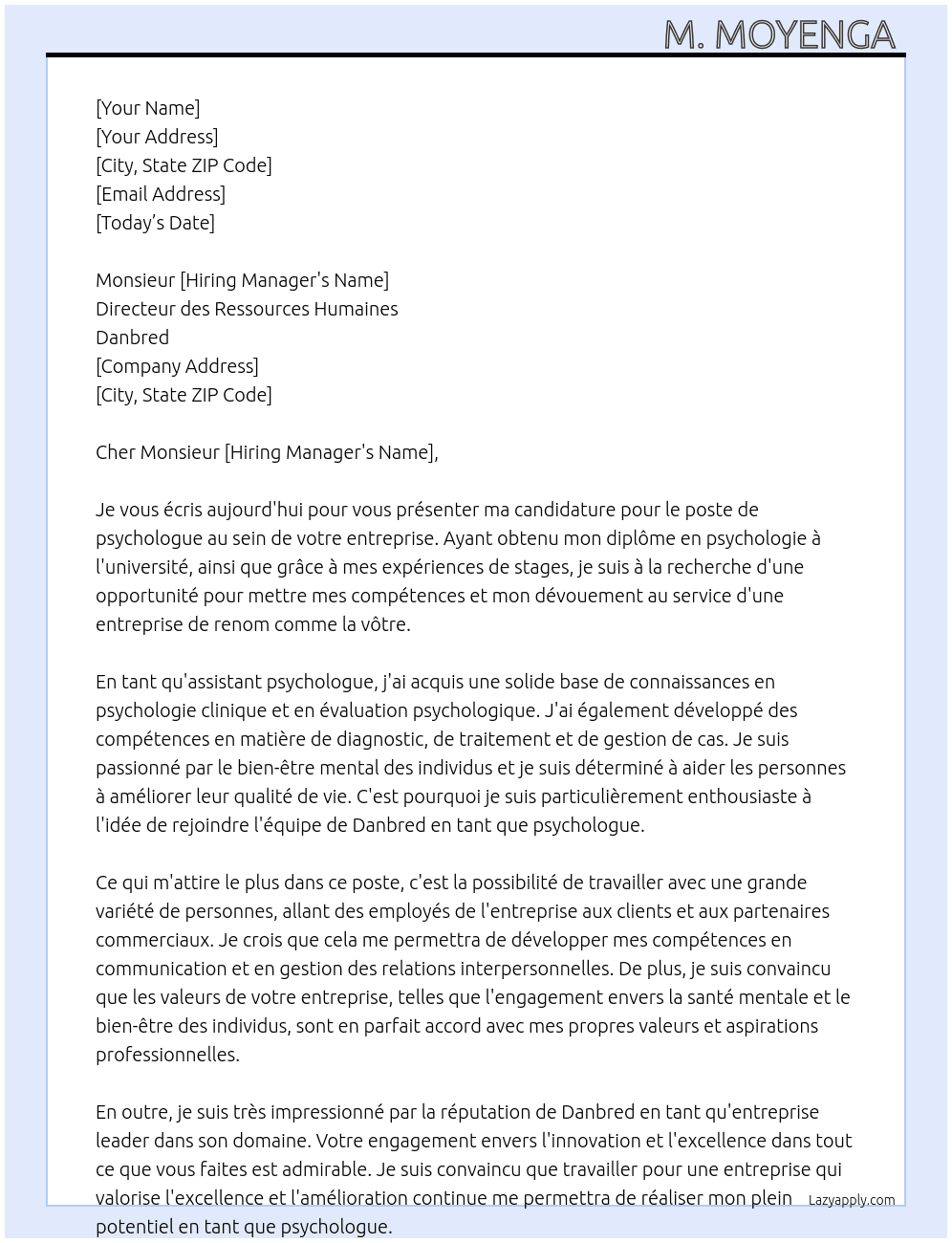 Psychologue  At Danbred  Cover Letter