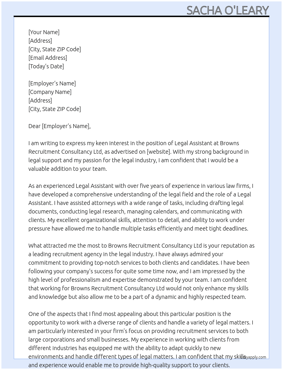 Legal assistant At Browns Recruitment Consultancy Ltd  Cover Letter