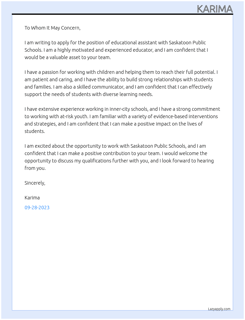 educational assistant At saskatoon public schools Cover Letter