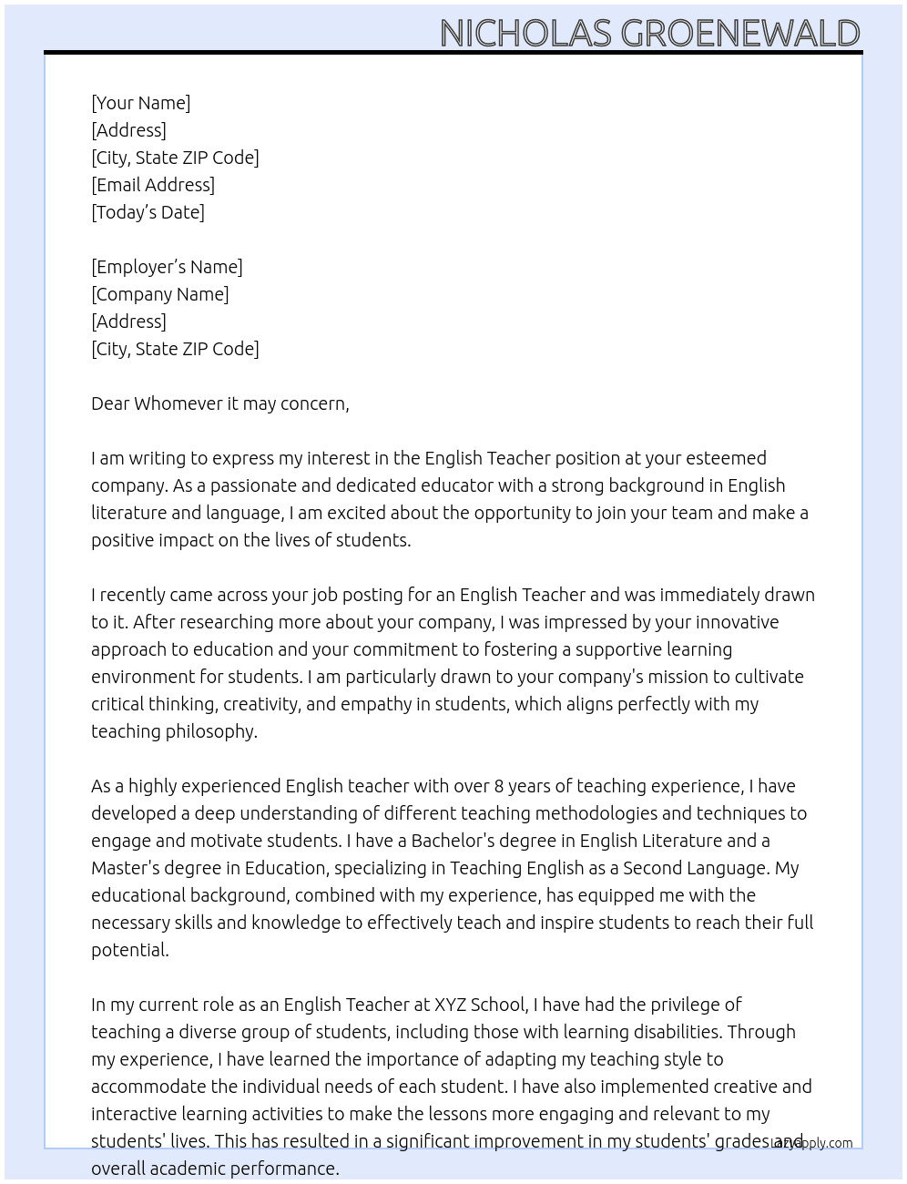English Teacher At any Cover Letter