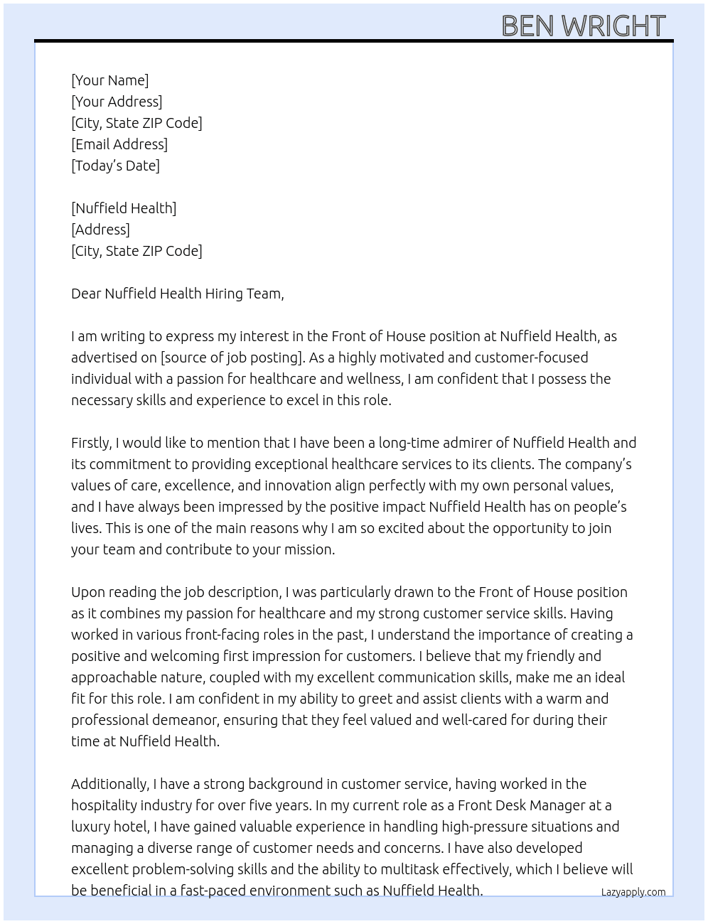 Front of house  At Nuffield health Cover Letter