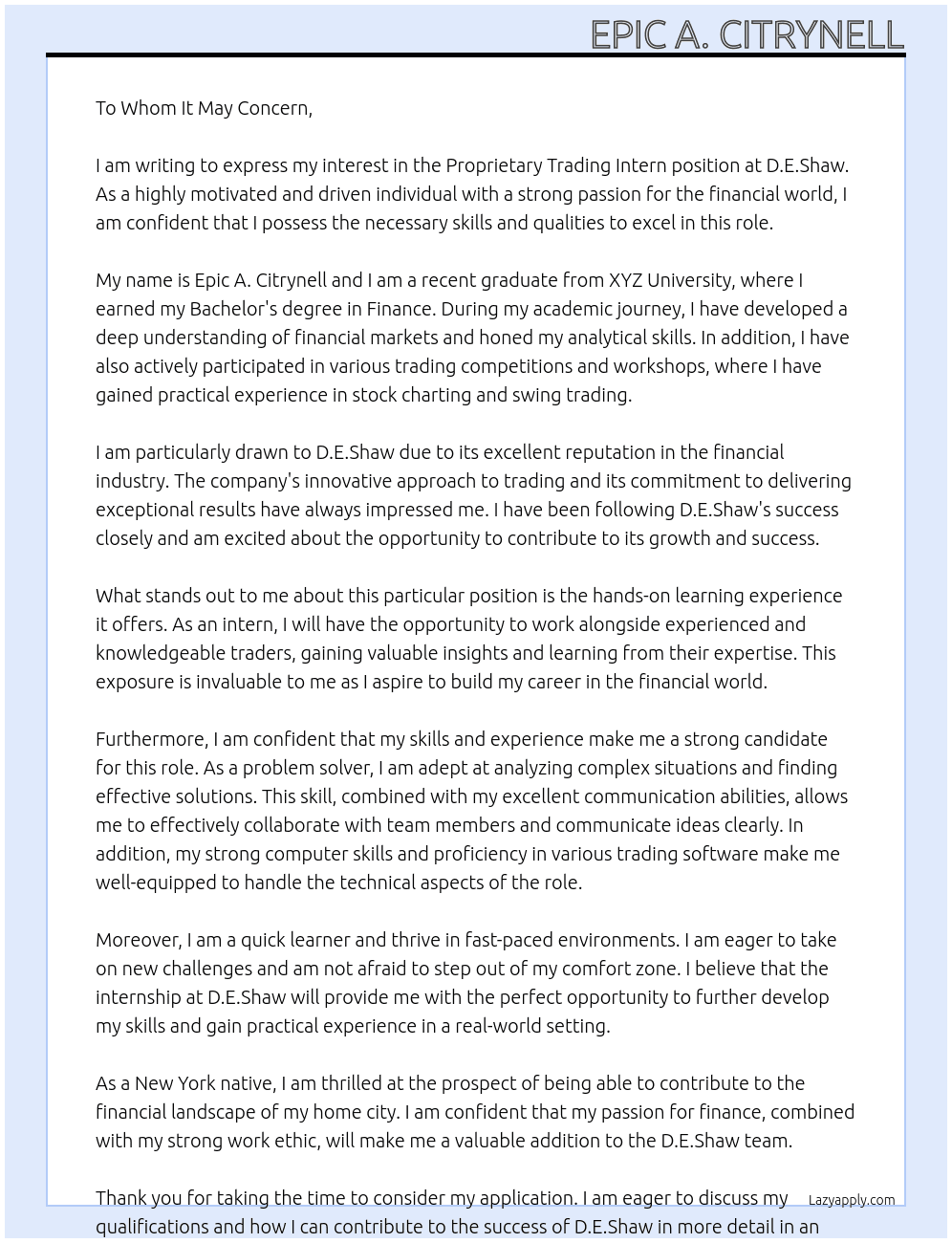 Proprietary Trading Intern At D.E.Shaw Cover Letter