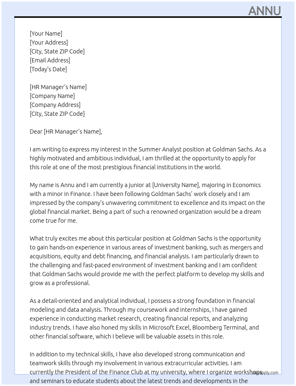 summer analyst At Goldman sacs Cover Letter