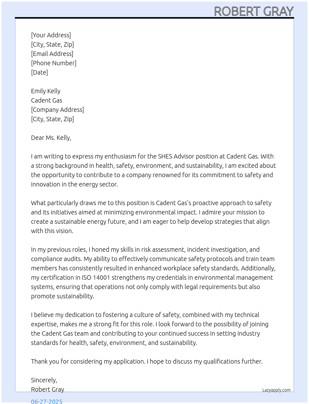 SHES Advisor At Cadent Gas Cover Letter