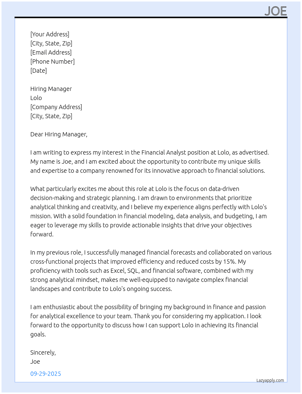 financial analyst At lolo Cover Letter