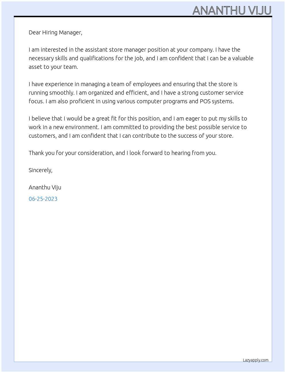 assistant store manager  At your company  Cover Letter