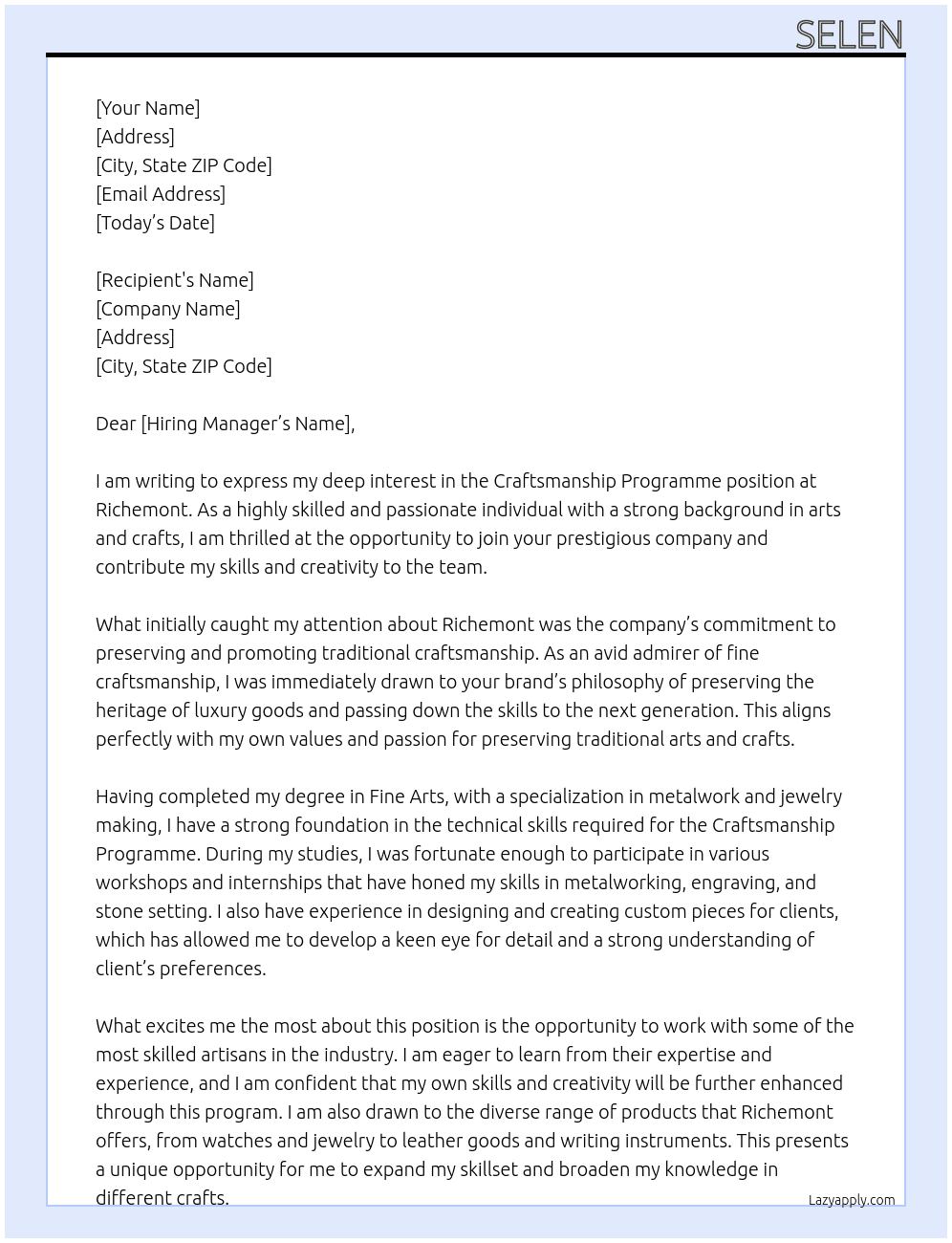 Craftsmanship Programme At Richemont Cover Letter