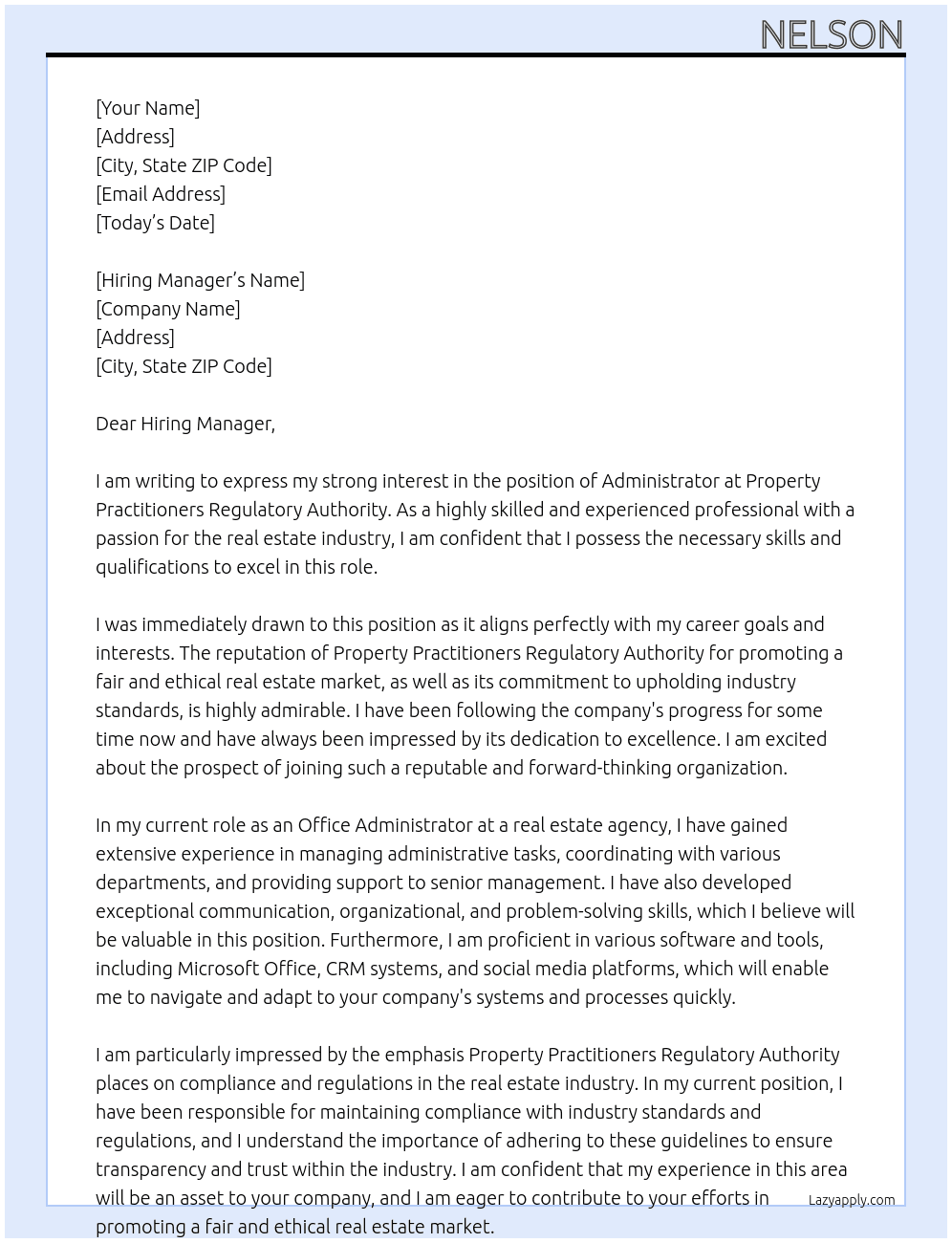 Administrator At Property Practitioners Regulatory Authority Cover Letter