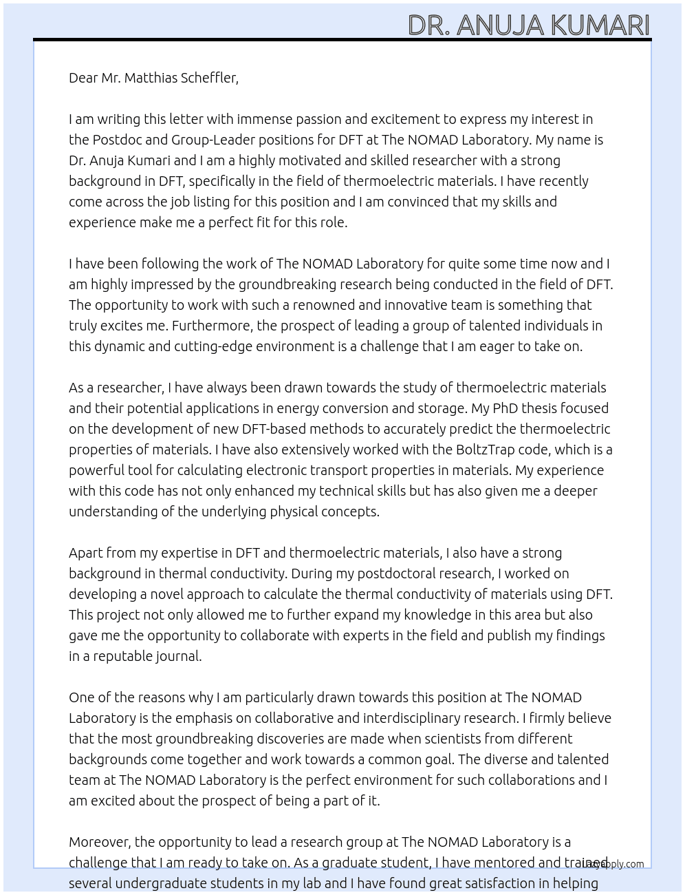 Postdoc and group-leader positions for DFT  At The NOMAD Laboratory Cover Letter