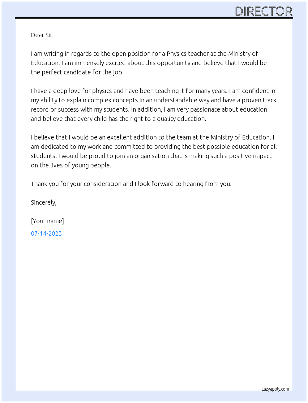 Physics teacher  At Ministry of education  Cover Letter