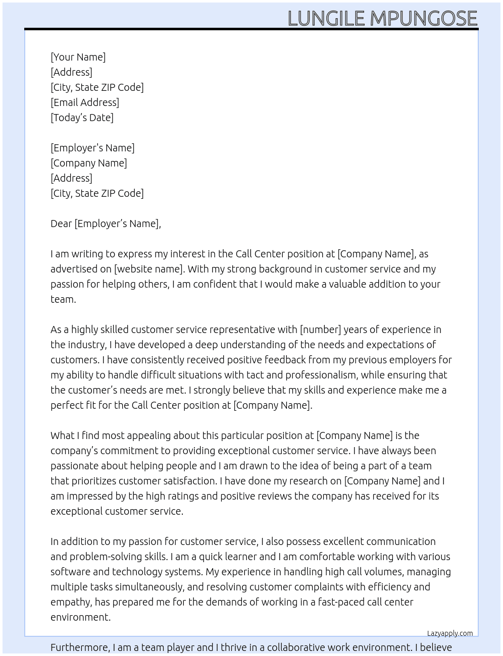 Call center At Call center Cover Letter