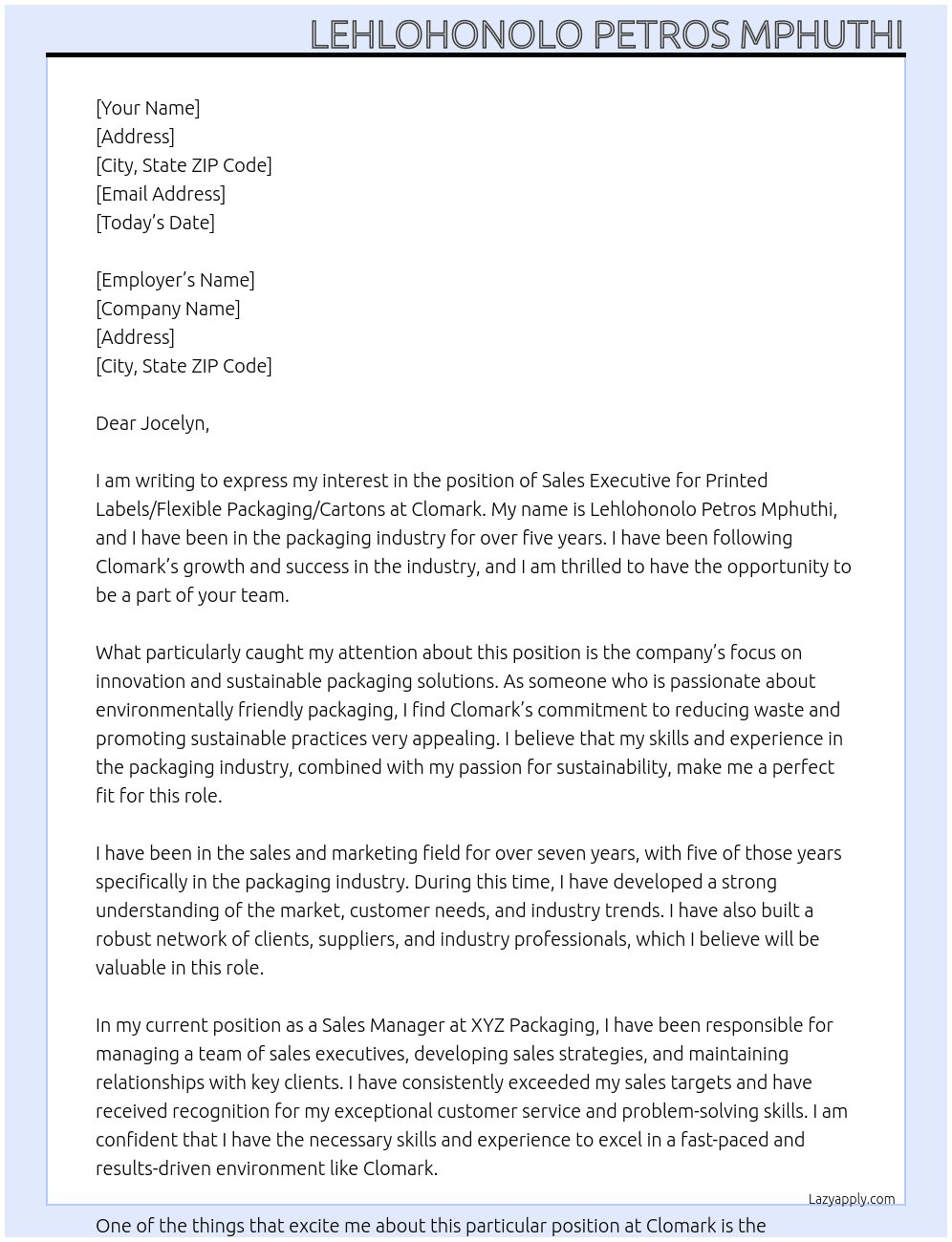 Sales Executive - Printed Labels/Flexible Packaging/Cartons At Clomark  Cover Letter