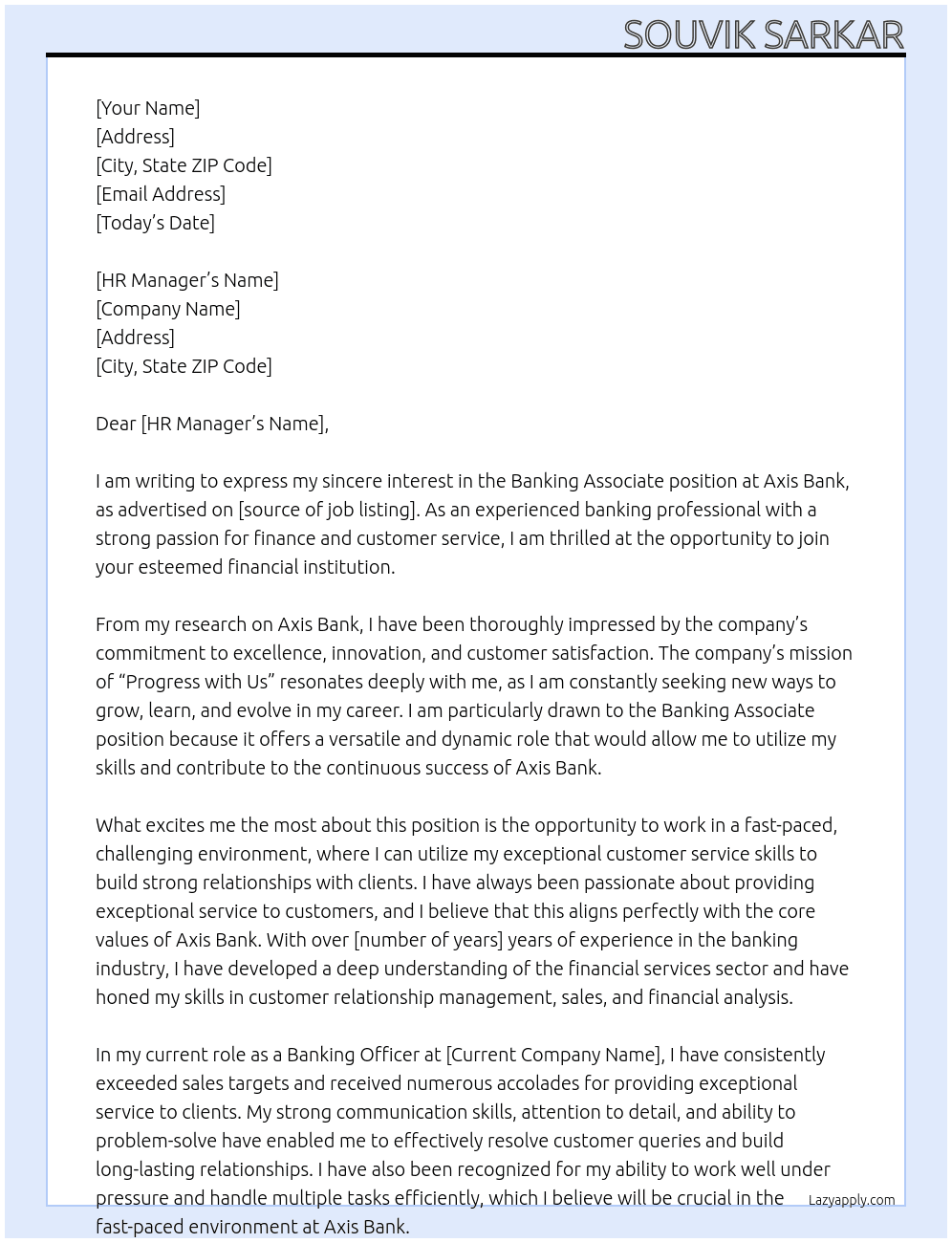 Banking associate At Axis Bank Cover Letter