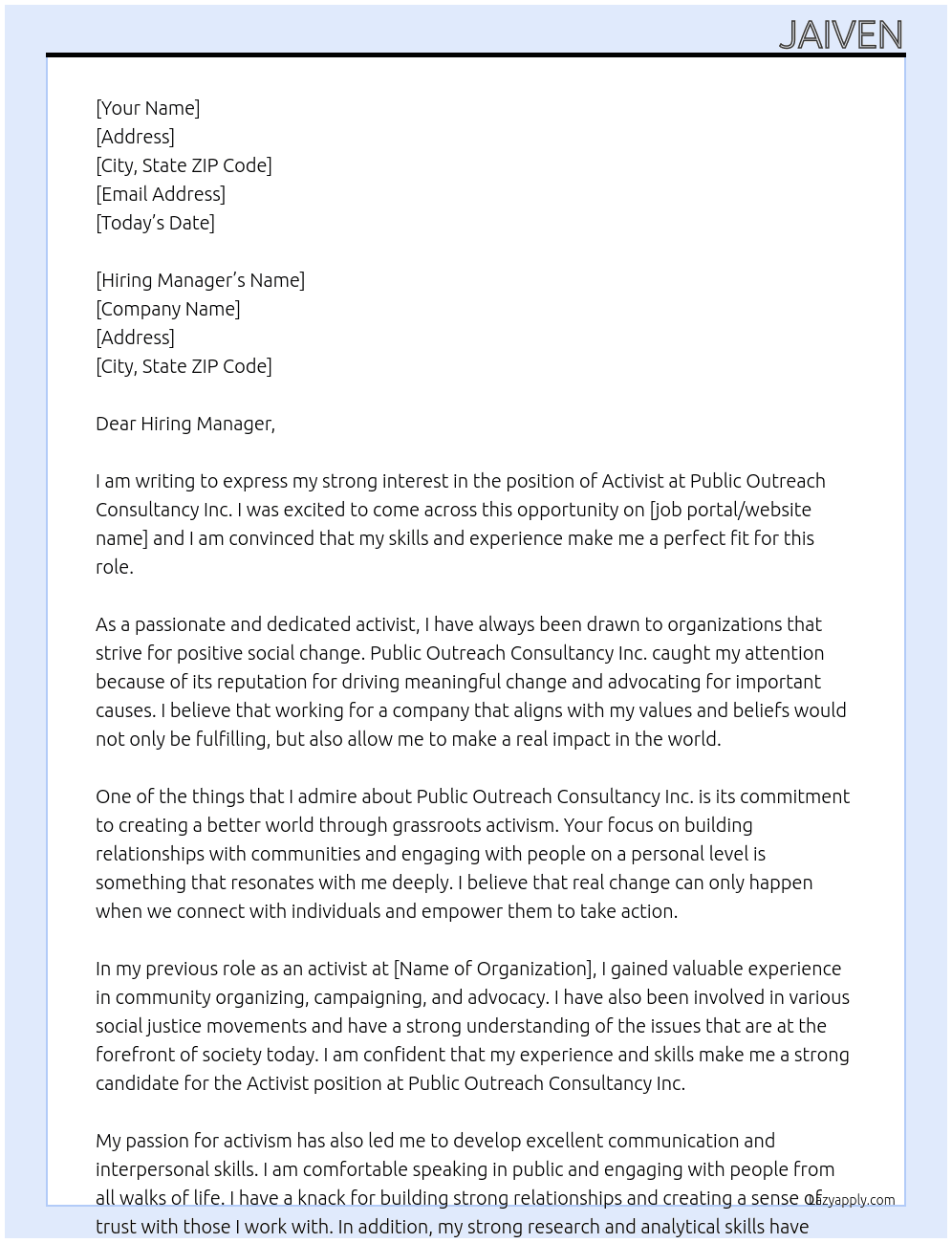Cover letter for activist - LazyApply