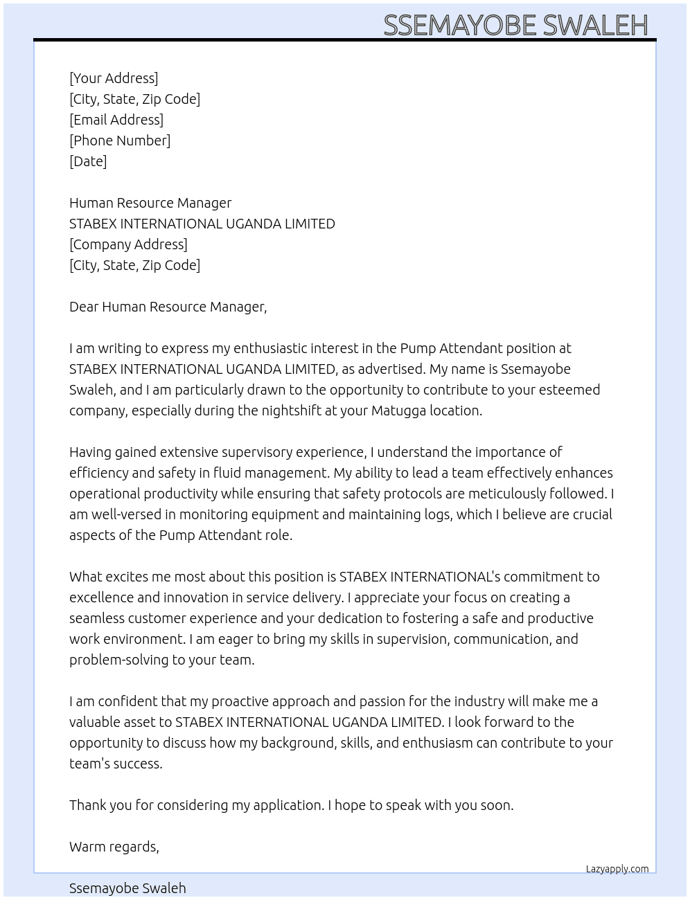 Cover letter for pump attendant - LazyApply