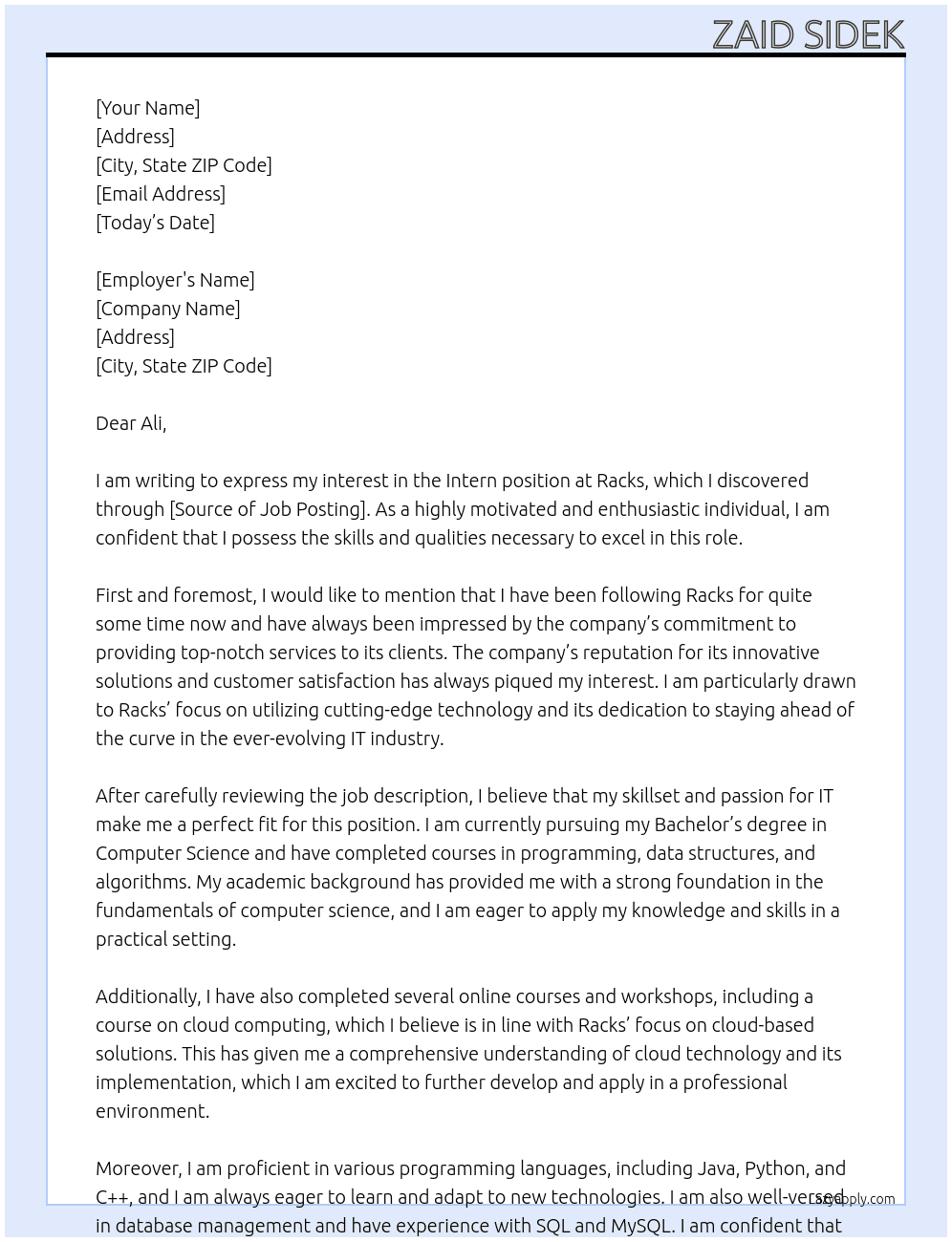 Intern At Racks Cover Letter
