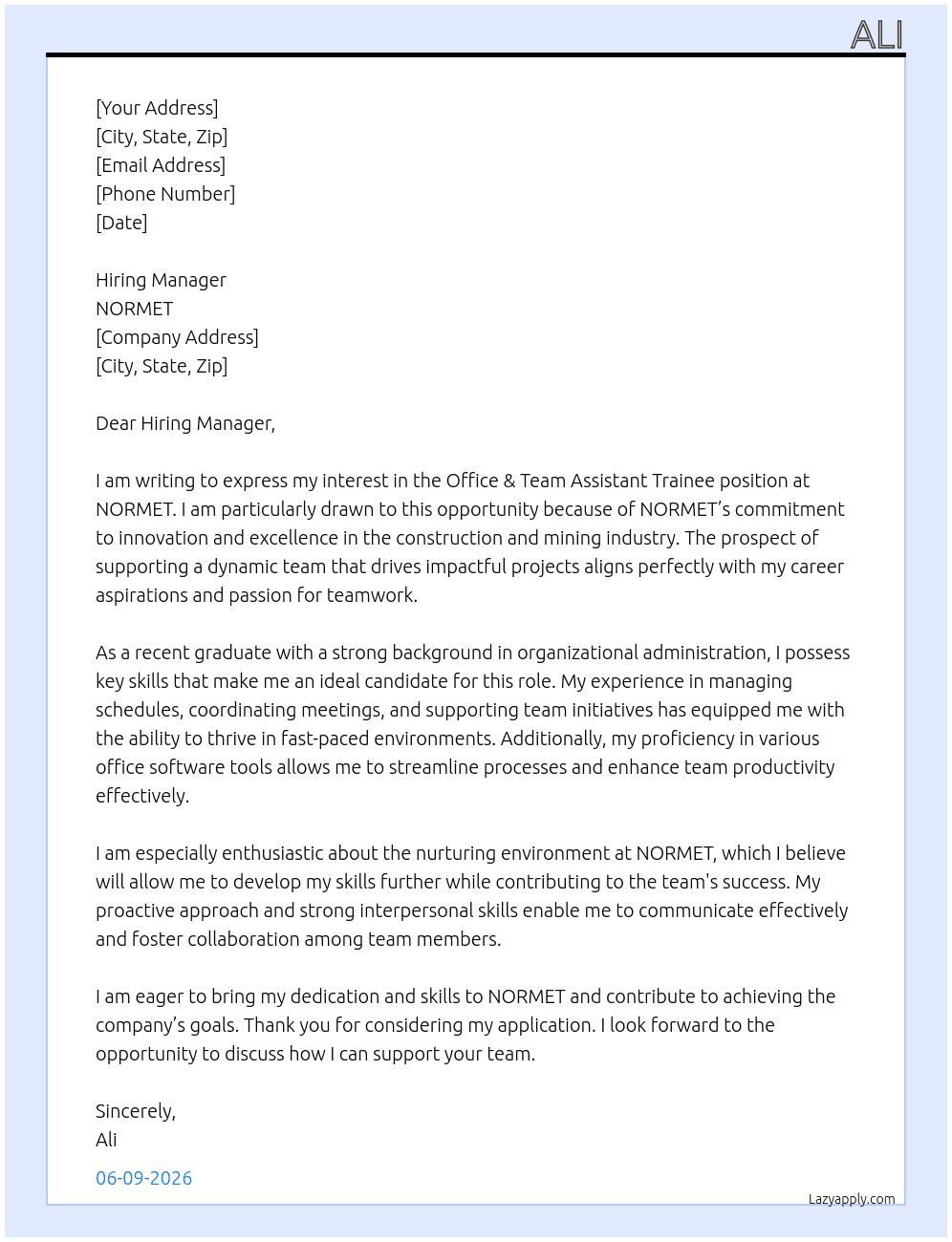 Office & Team Assistant Trainee At NORMET Cover Letter