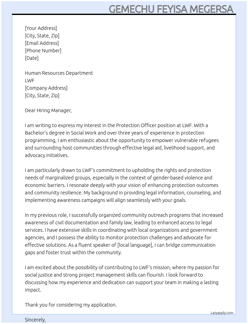 PROTECTION OFFICER At LWF Cover Letter