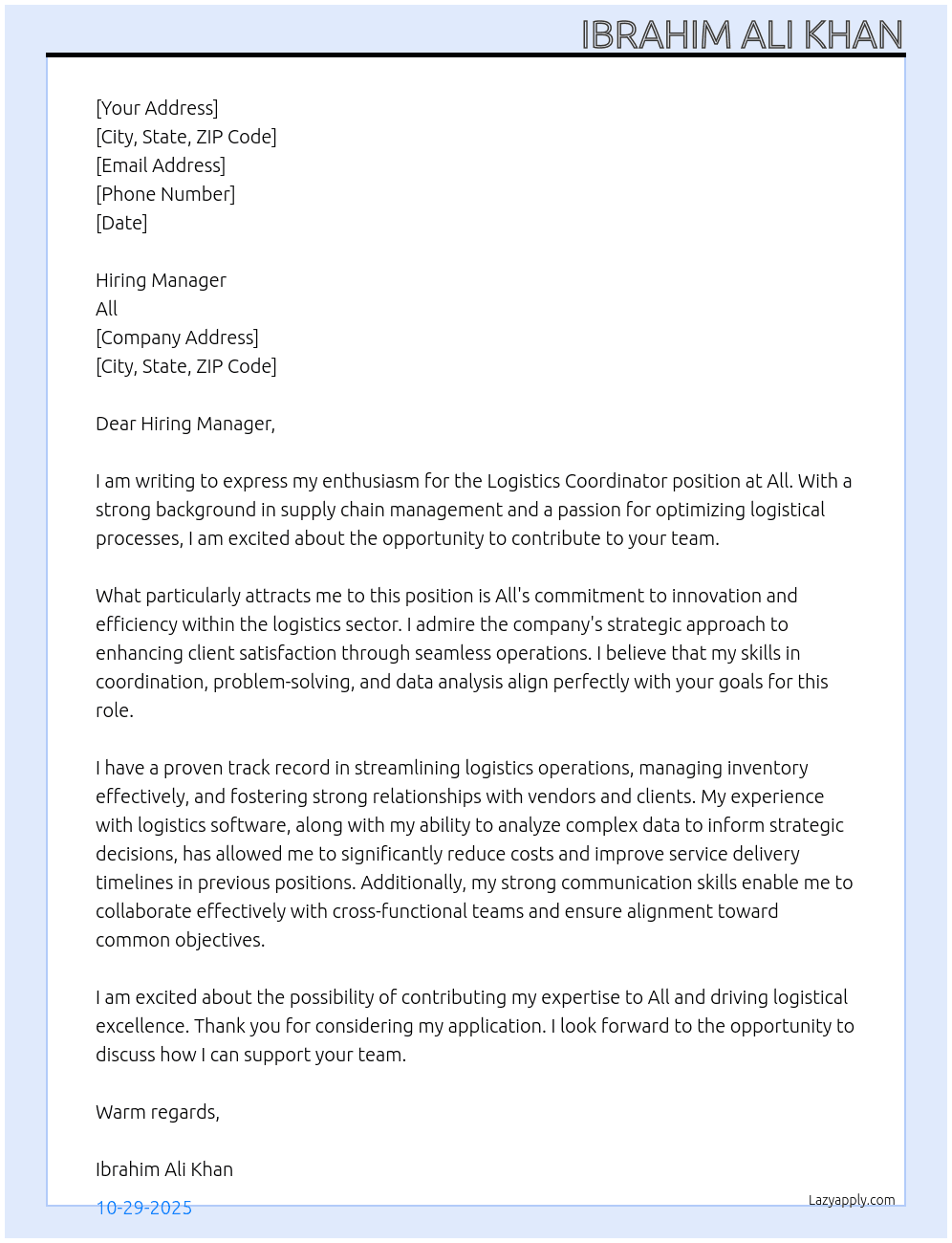 logistic coordinator At All Cover Letter