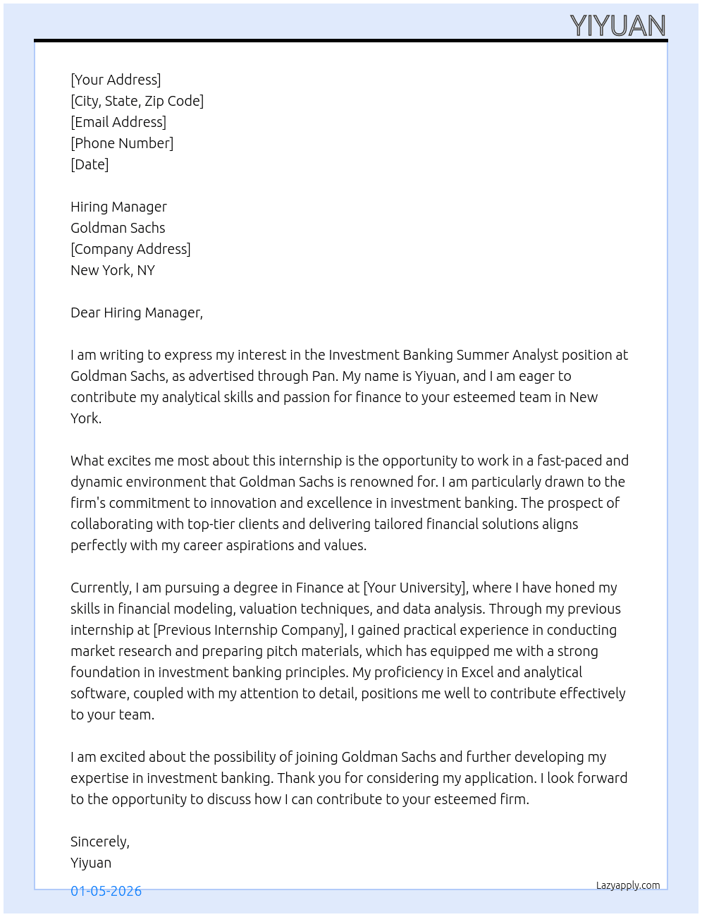 Investment Banking Summer Analyst  At Pan Cover Letter