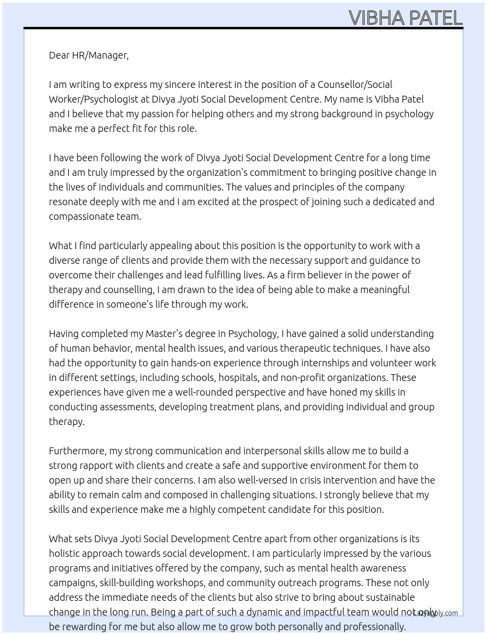 Counsellor/ Social Worker/ psychologist  At Divya Jyoti Social Development Centre  Cover Letter
