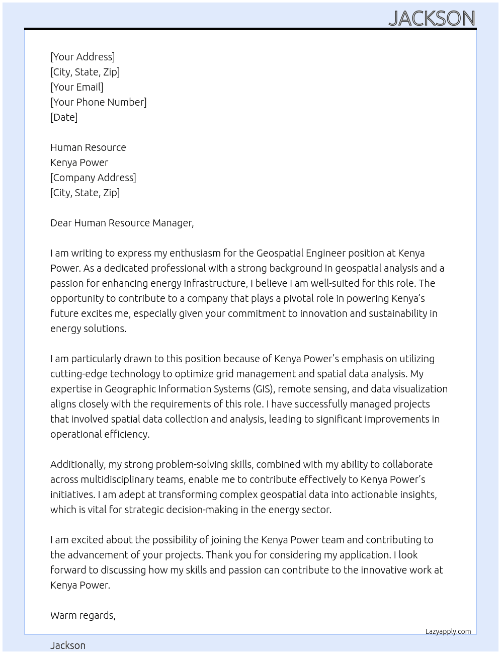 Geospatial engineer At Kenya power Cover Letter