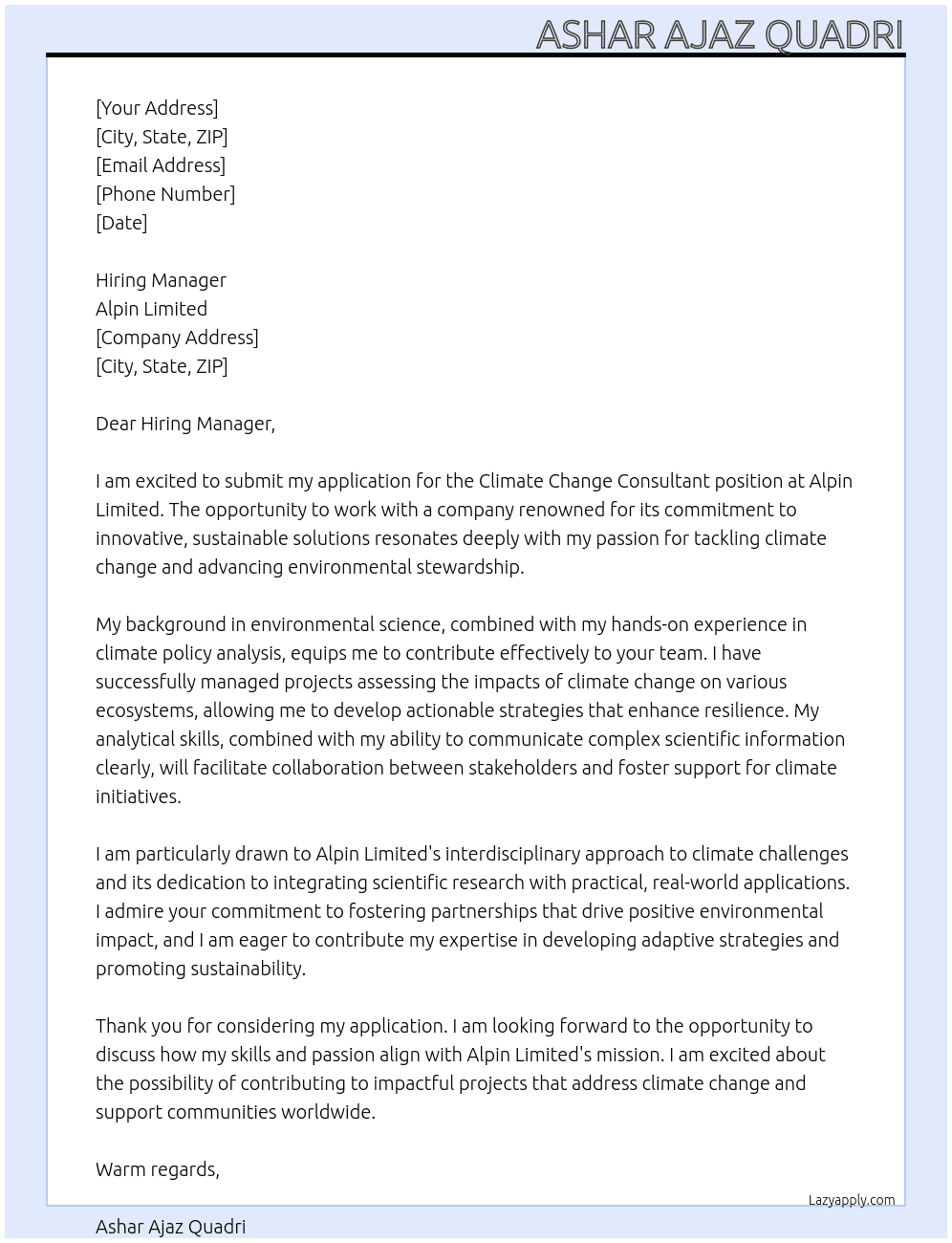 Climate Change Consultant  At Alpin Limited  Cover Letter