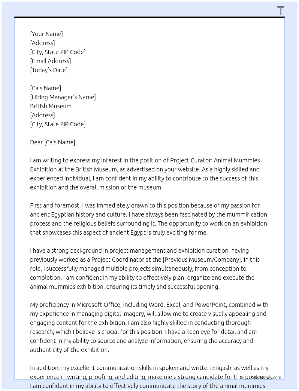Project Curator: Animal Mummies Exhibition At British  Cover Letter