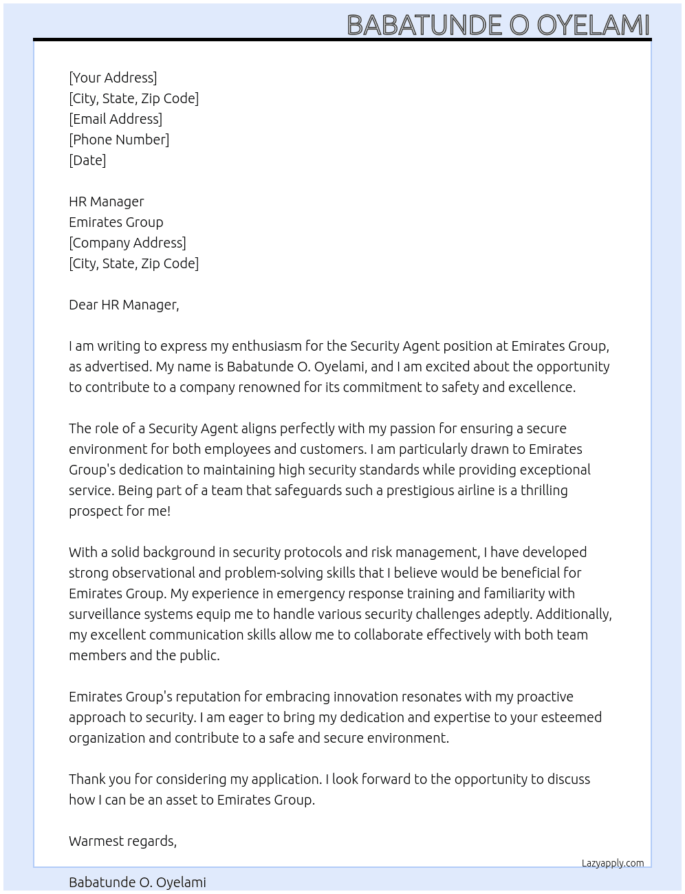 Security Agent At Emirates Group Cover Letter