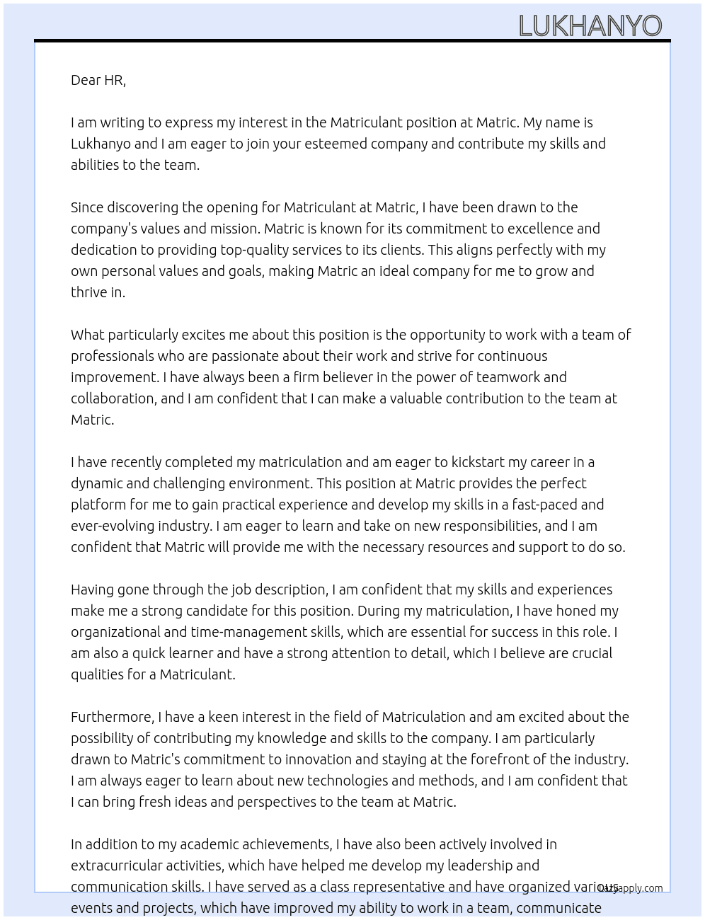 Matriculant  At Matric  Cover Letter