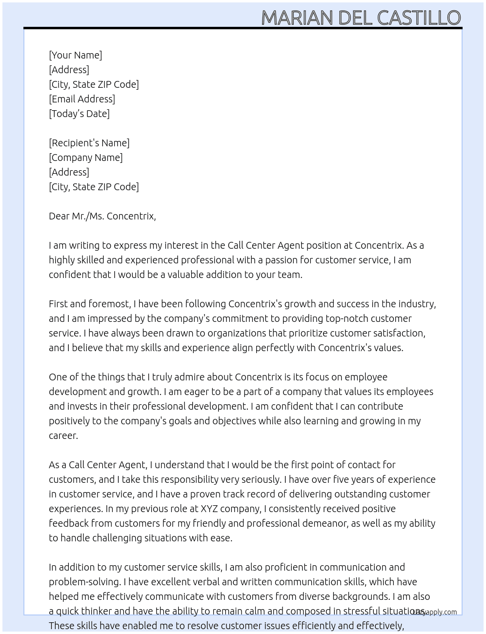 Call center agent At Concentrix Cover Letter
