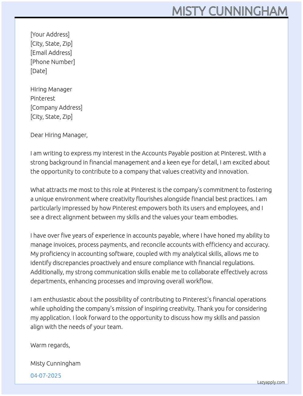 Accounts Payable At Pintrest Cover Letter
