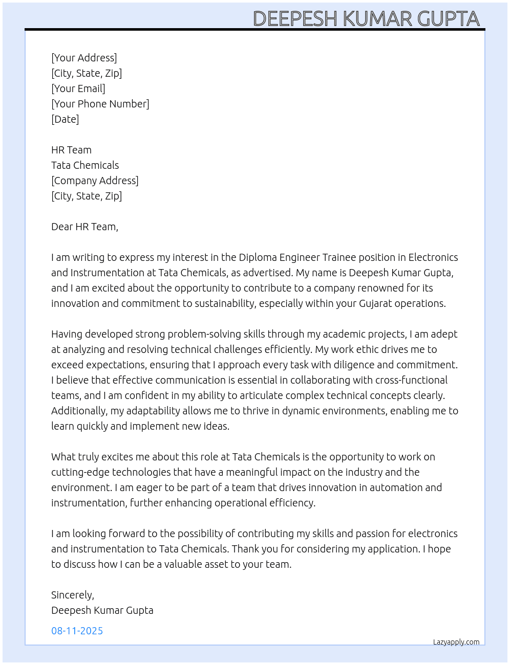 Diploma Engineer Trainee  At Tata chemicals  Cover Letter