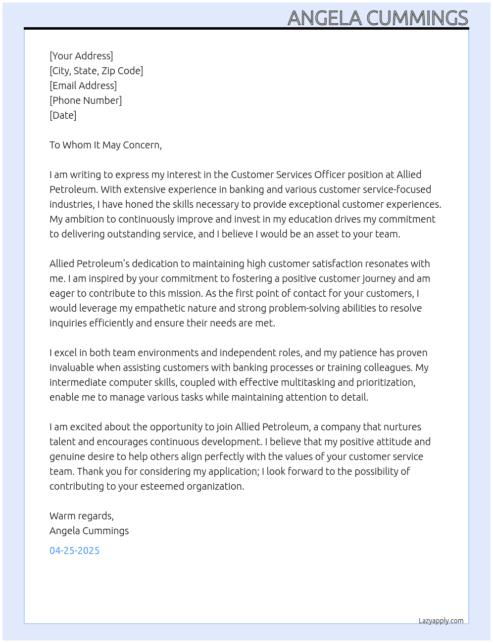 Cover letter for customer services officer - LazyApply