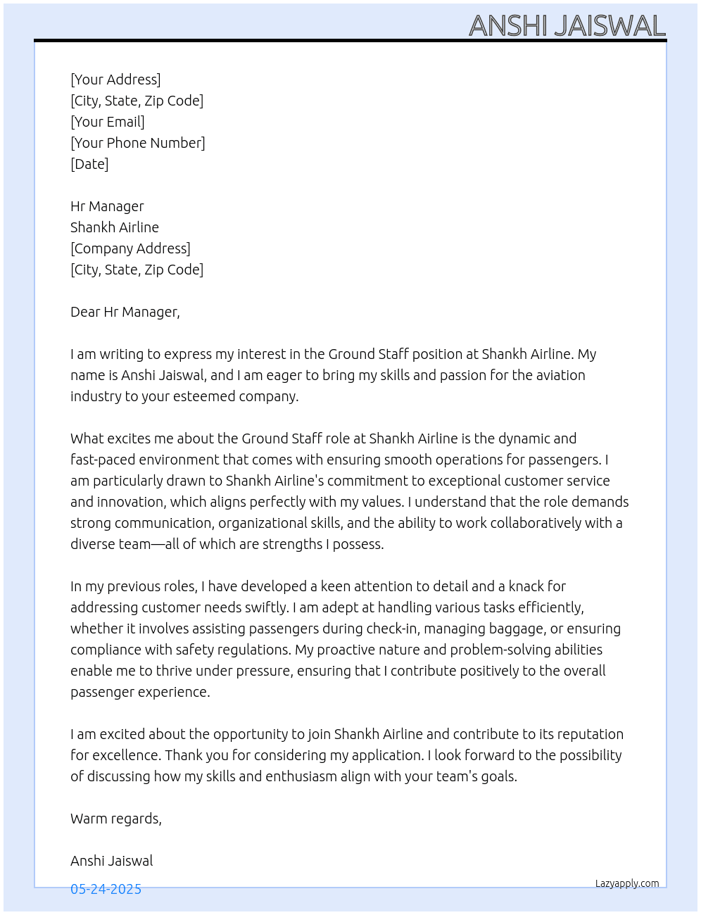 Ground staff At Shankh Airline  Cover Letter