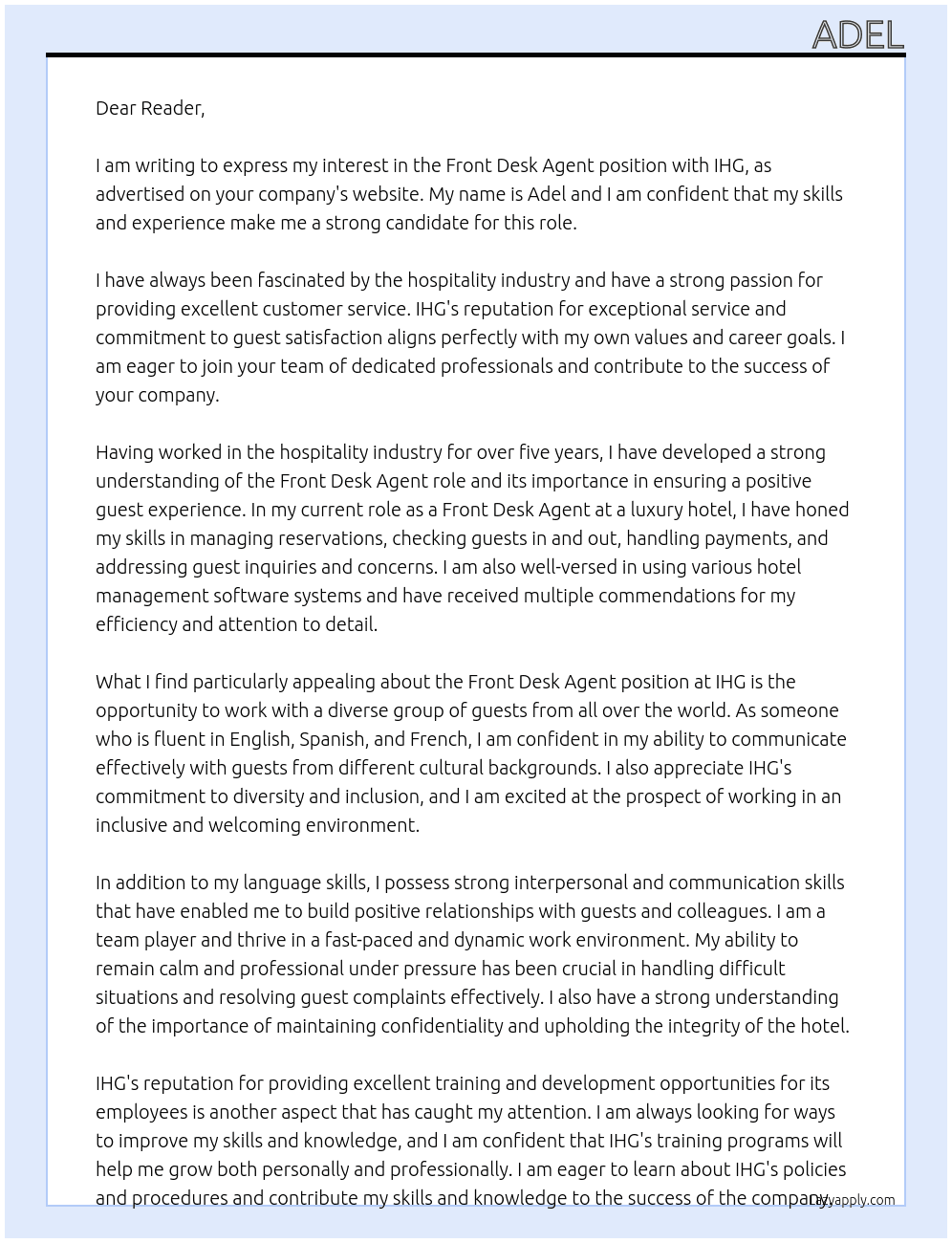 Front Desk Agent At IHG Cover Letter