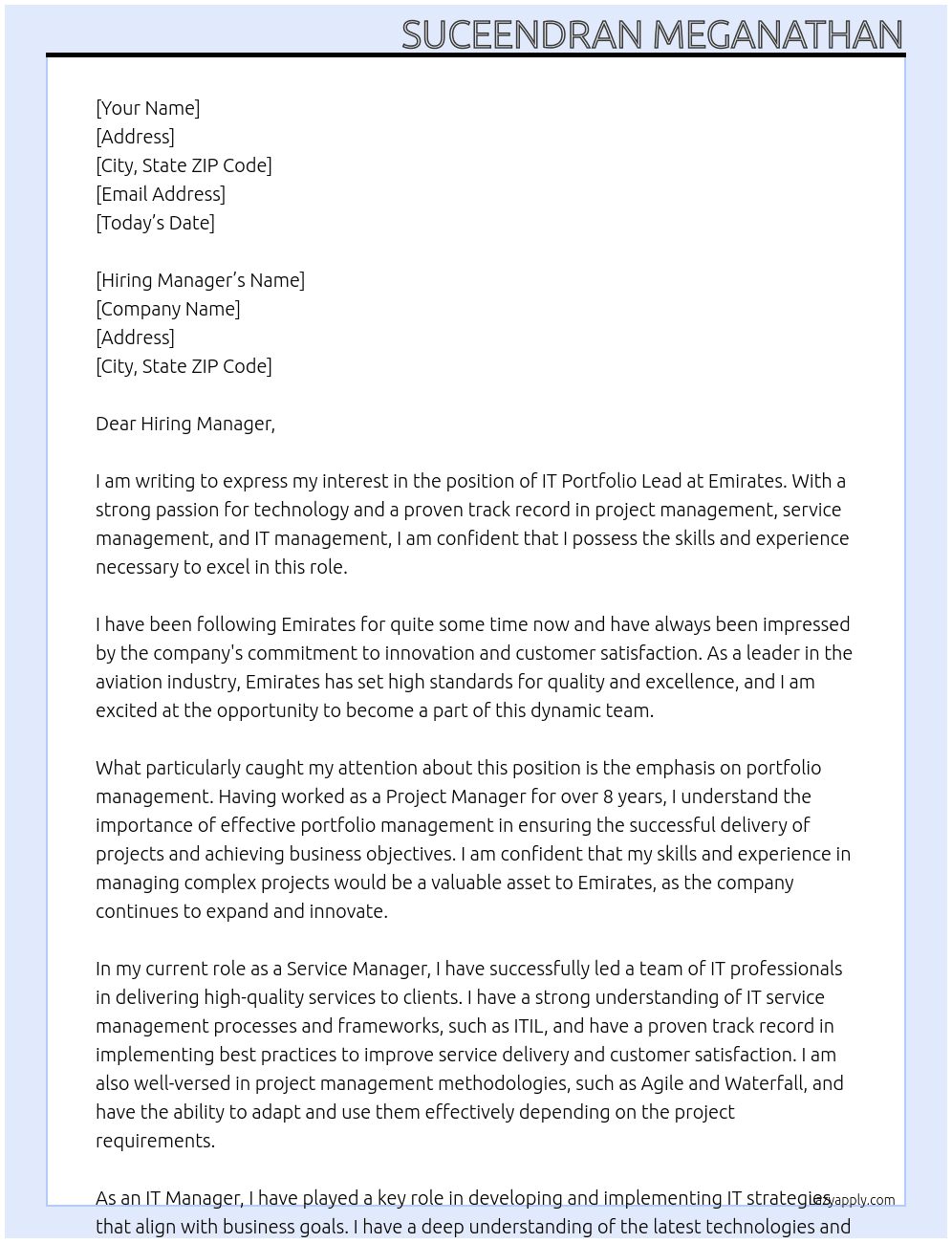 Cover letter for it portfolio lead - LazyApply