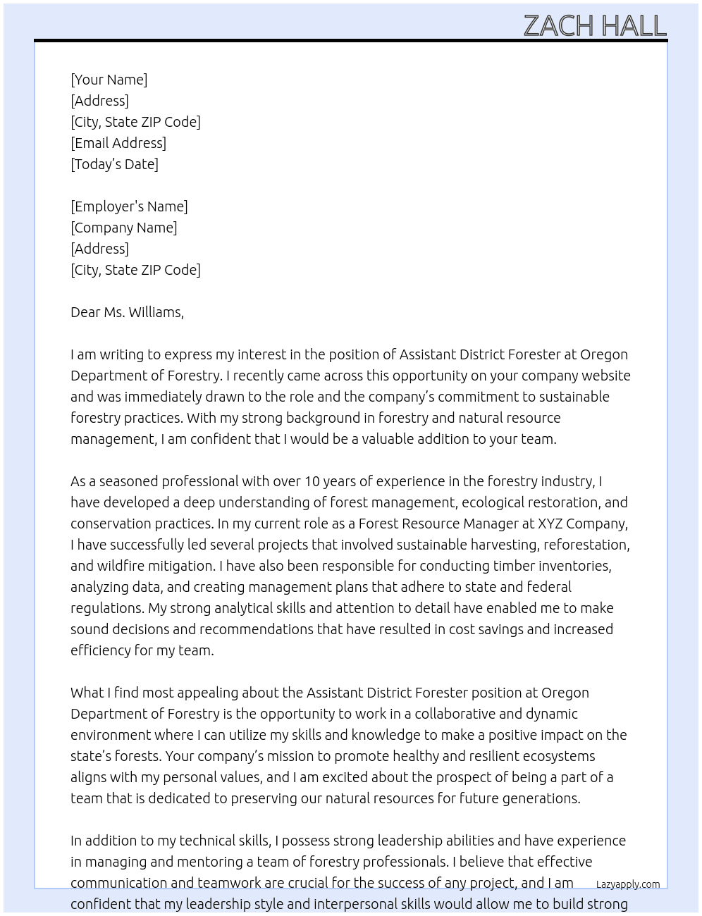 Assitant District Forester At Oregon Department of Forestry Cover Letter