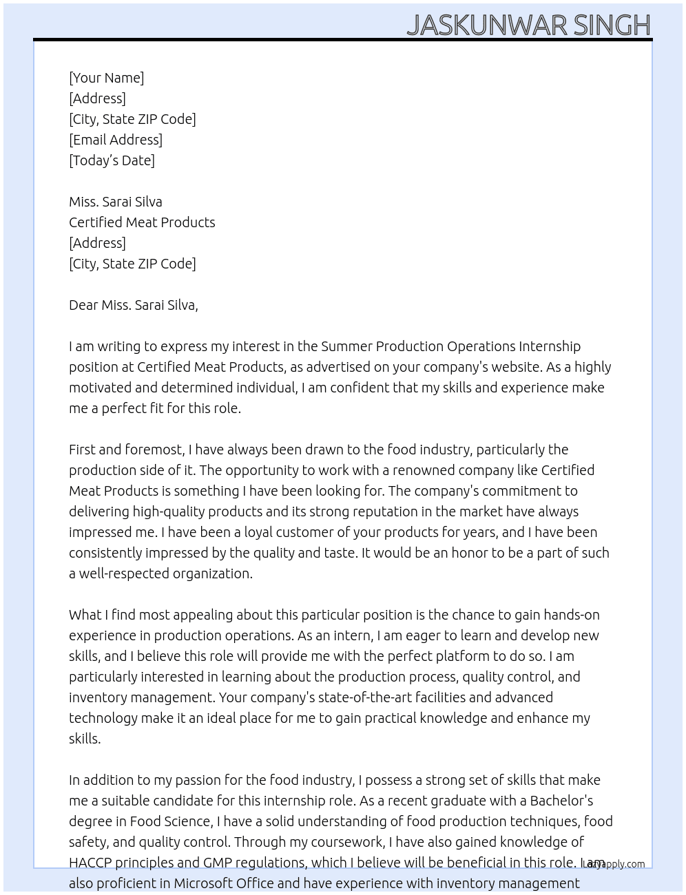 Summer Production Operations Internship At  Certified Meat Products Cover Letter