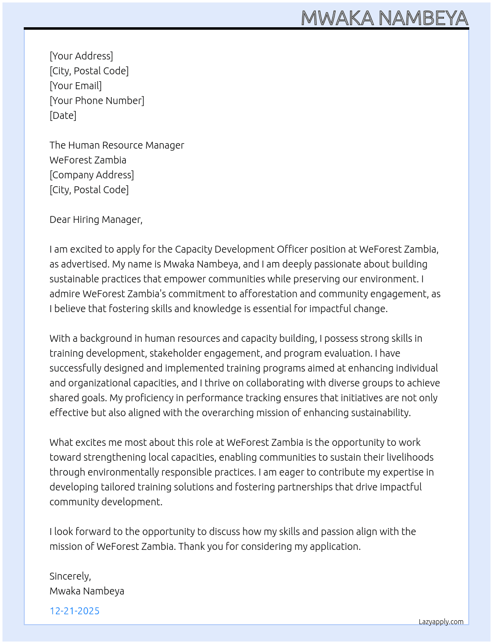 Capacity Development officer At WeForest Zambia Cover Letter