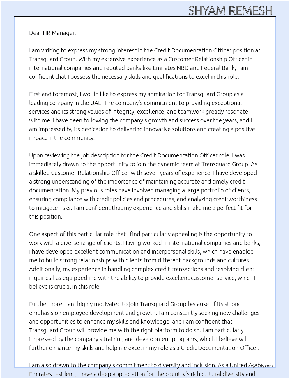 Credit documentation officer  At Transguard group  Cover Letter