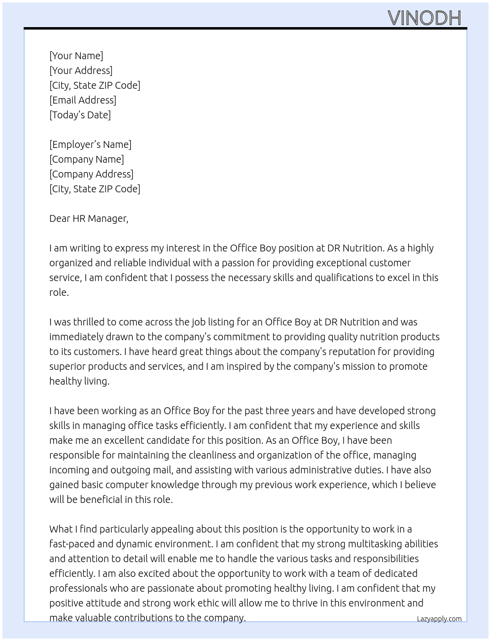 Office boy  At DR Nutrition  Cover Letter
