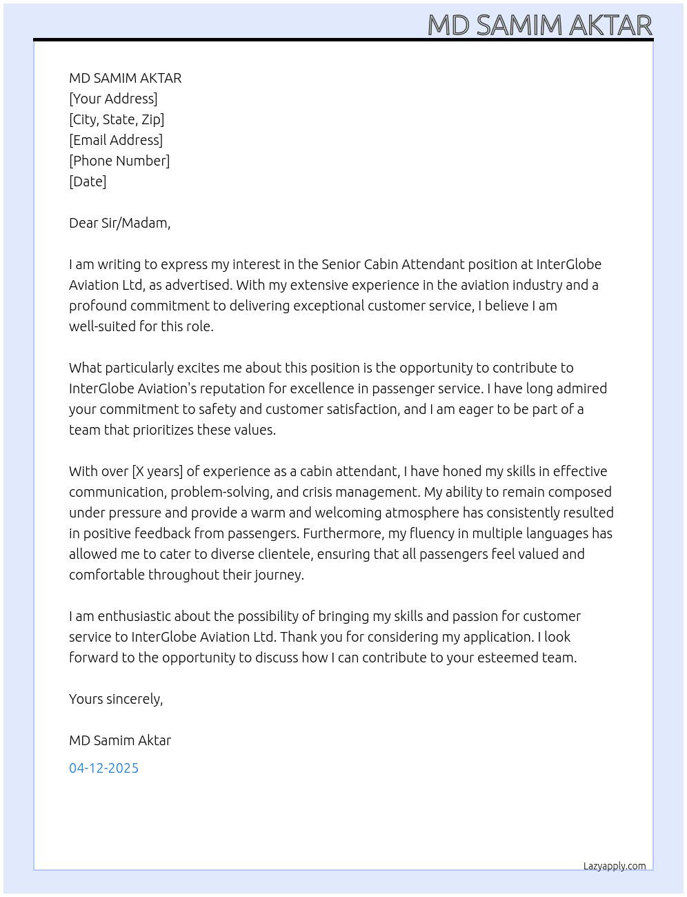 Senior cabin attendant  At InterGlobe Aviation Ltd Cover Letter