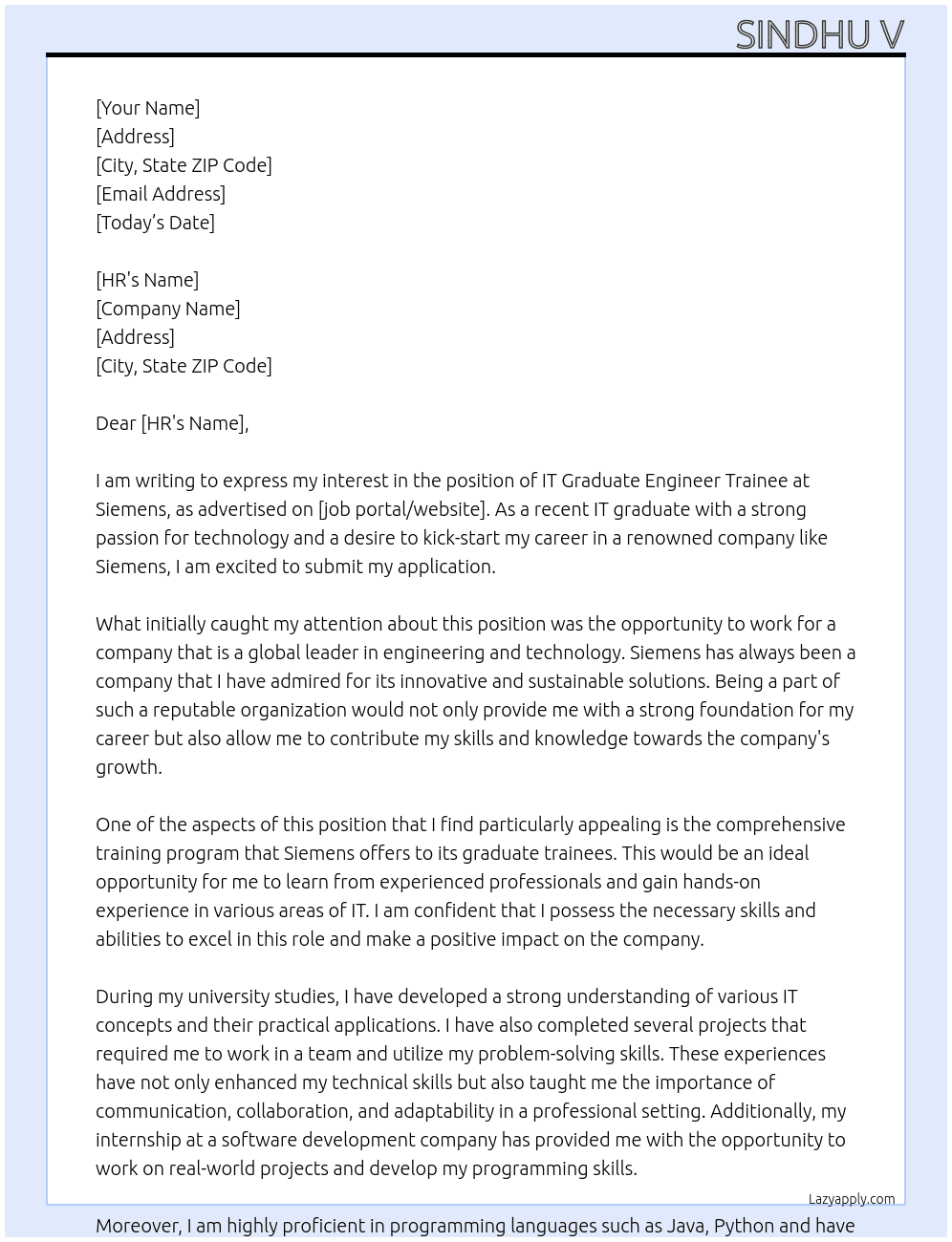 Cover letter for it graduate engineer trainee - LazyApply
