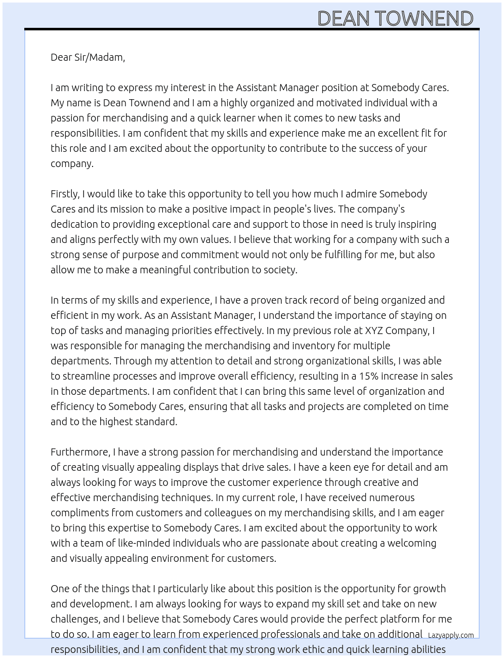 Assistant manager  At Somebody cares  Cover Letter