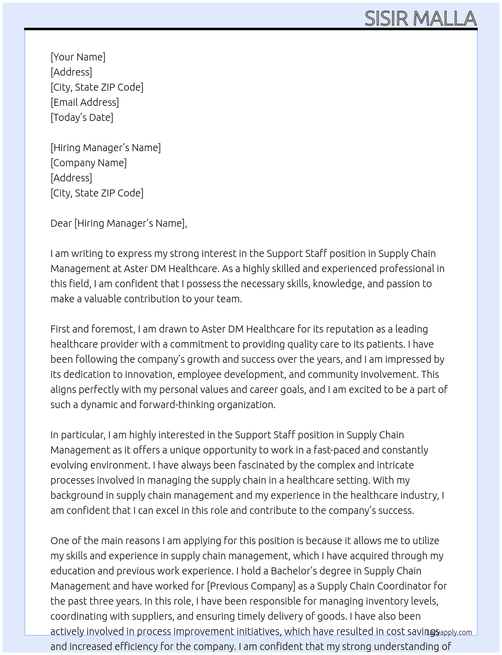 Support Staff.Supply Chain Management At Aster DM Healthcare Cover Letter