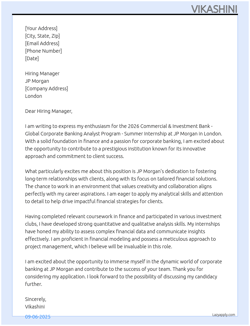 2026 Commercial & Investment Bank - Global Corporate Banking Analyst Program - Summer Internship - London At JP Morgan Cover Letter