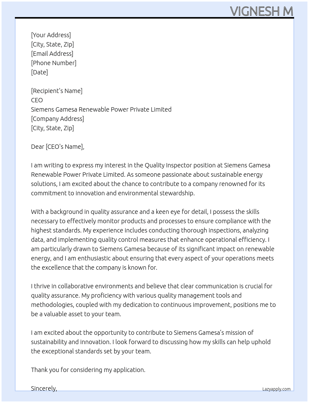 Quality Inspector At Siemens Gamesa Renewable Power Private Limited Cover Letter