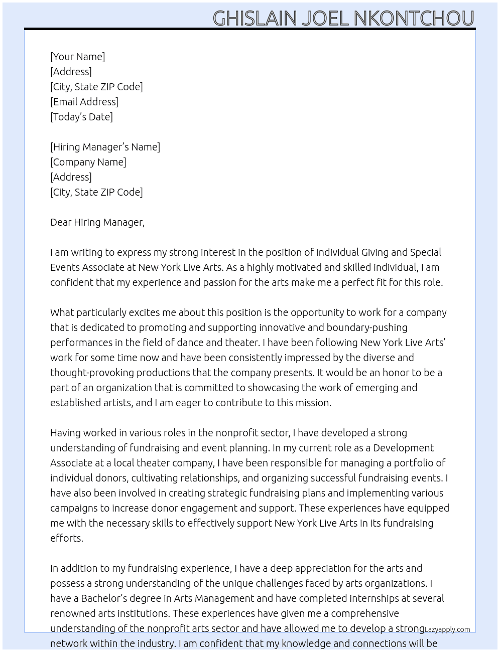 Individual Giving and Special Events Associate At New York Live Arts Cover Letter