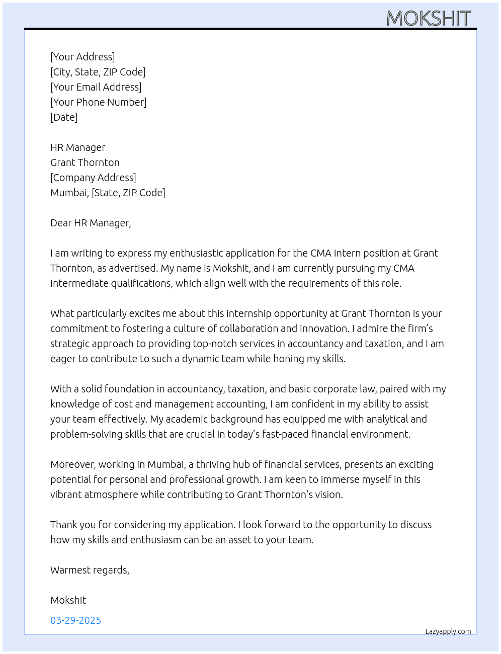 cma inter At grant thornton Cover Letter